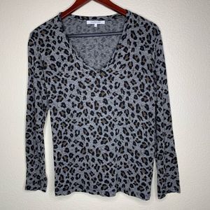 Gerard  Darel Women's Gray & Brown Leopard Print V-Neck Long-Sleeve T-Shirt Size